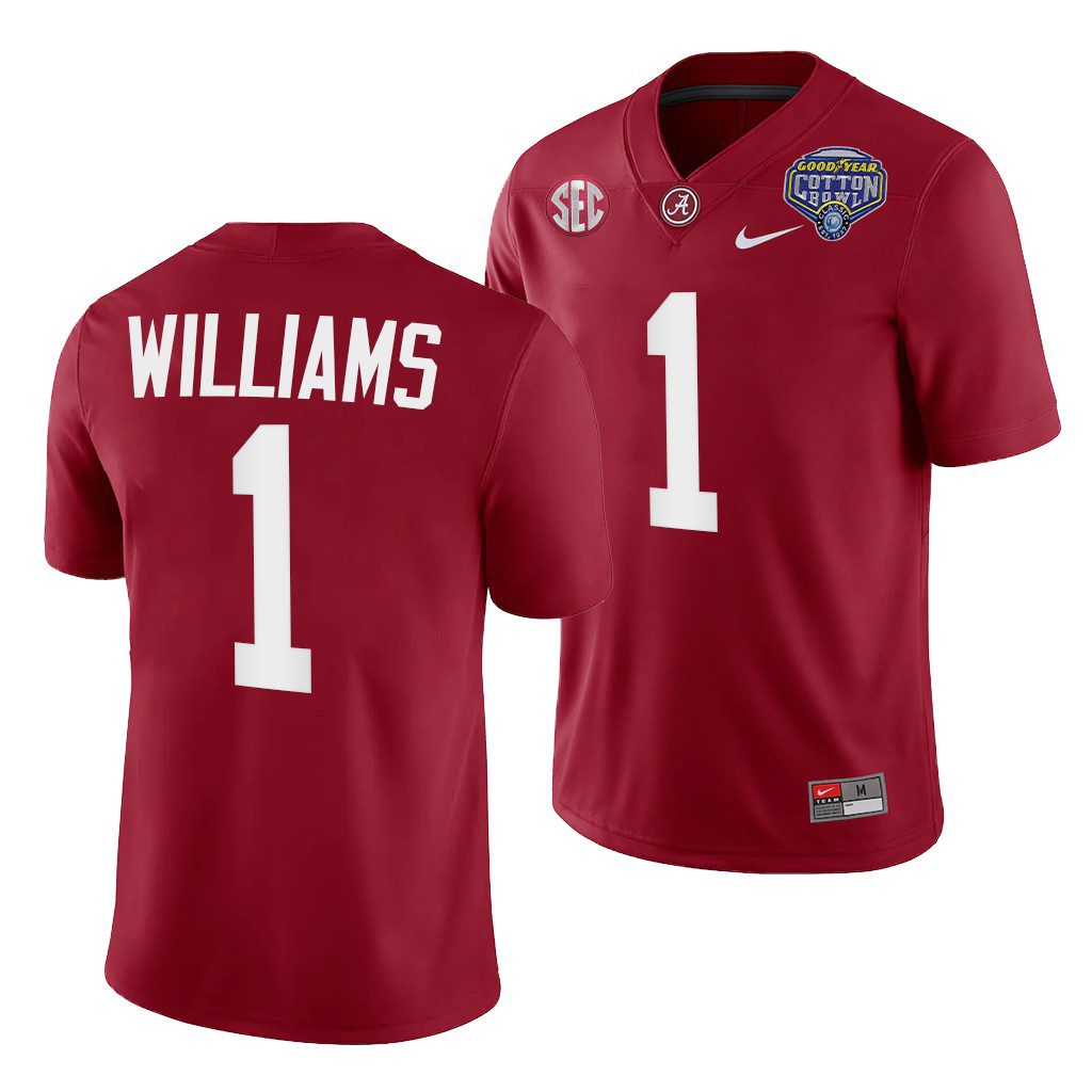 Men's Alabama Crimson Tide Jameson Williams #1 2021 Cotton Bowl Crimson Playoff Uniform NCAA College Football Jersey
